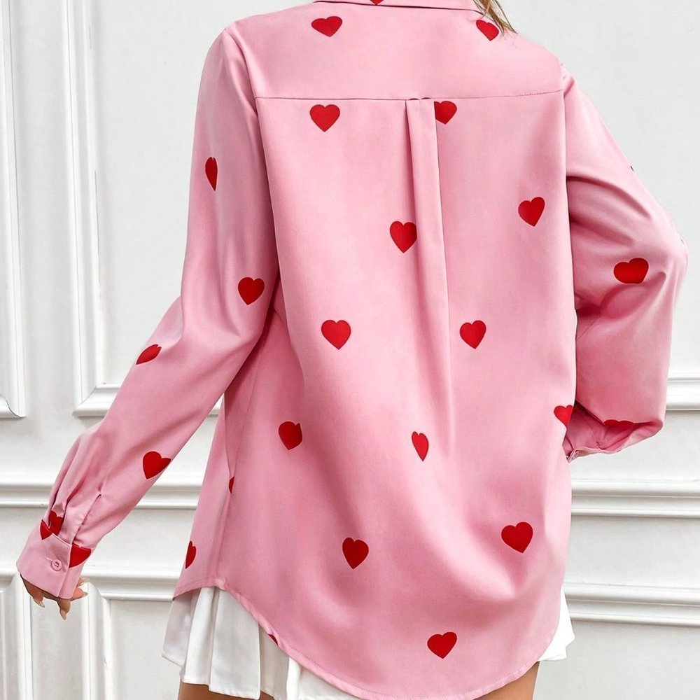 Pink Casual Womens Heart Pattern Long Sleeve Shirt - Picture 2 of 5